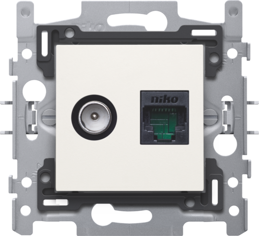 [NK101-66258] Coax/conn. rj45 utp cat6 + finition, poe++, plat, 60x71, griffes white Niko Original