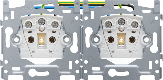 Socle prise double hor., broche de terre, 28,5mm, bornes à vis