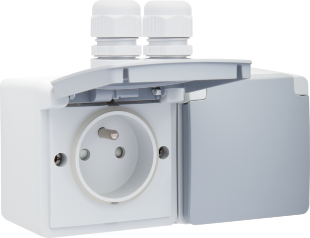 [NK700-37754] Prise double hor. étanche, avec broche de terre, conn. rapide gris