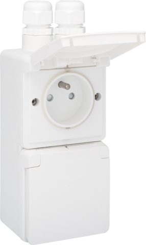 [NK701-37730] Prise double verticale étanche, avec broche de terre, vis blanc