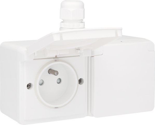 [NK701-37748] Prise double hor. étanche avec broche de terre et bornes à vis blanc