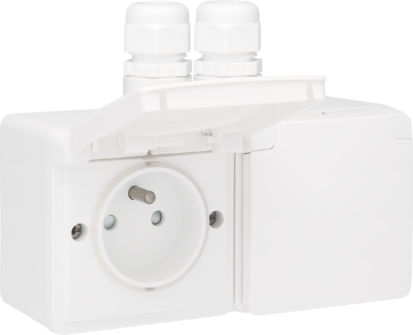 [NK701-37749] Prise double horizontale étanche, avec broche de terre, vis blanc