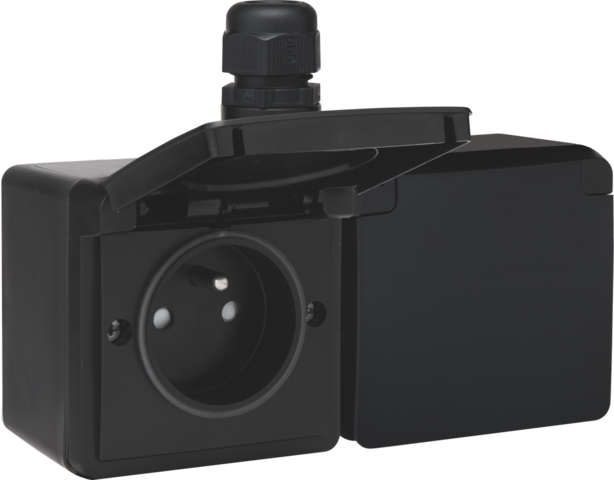 Prise double horizontale étanche, avec broche de terre, vis noir