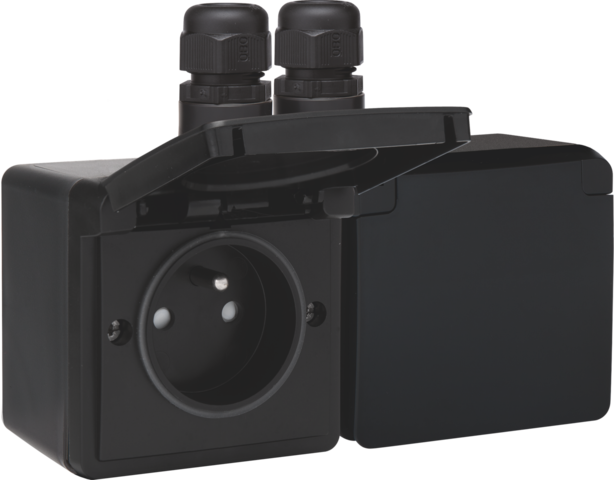 [NK761-37754] Prise double hor. étanche avec broche de terre et conn. rapide noir