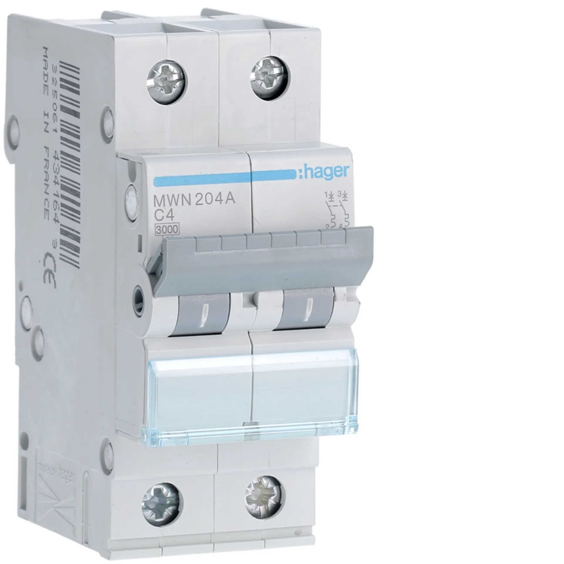 Disjoncteur 3kA - C - 2P - 4A - 2M.