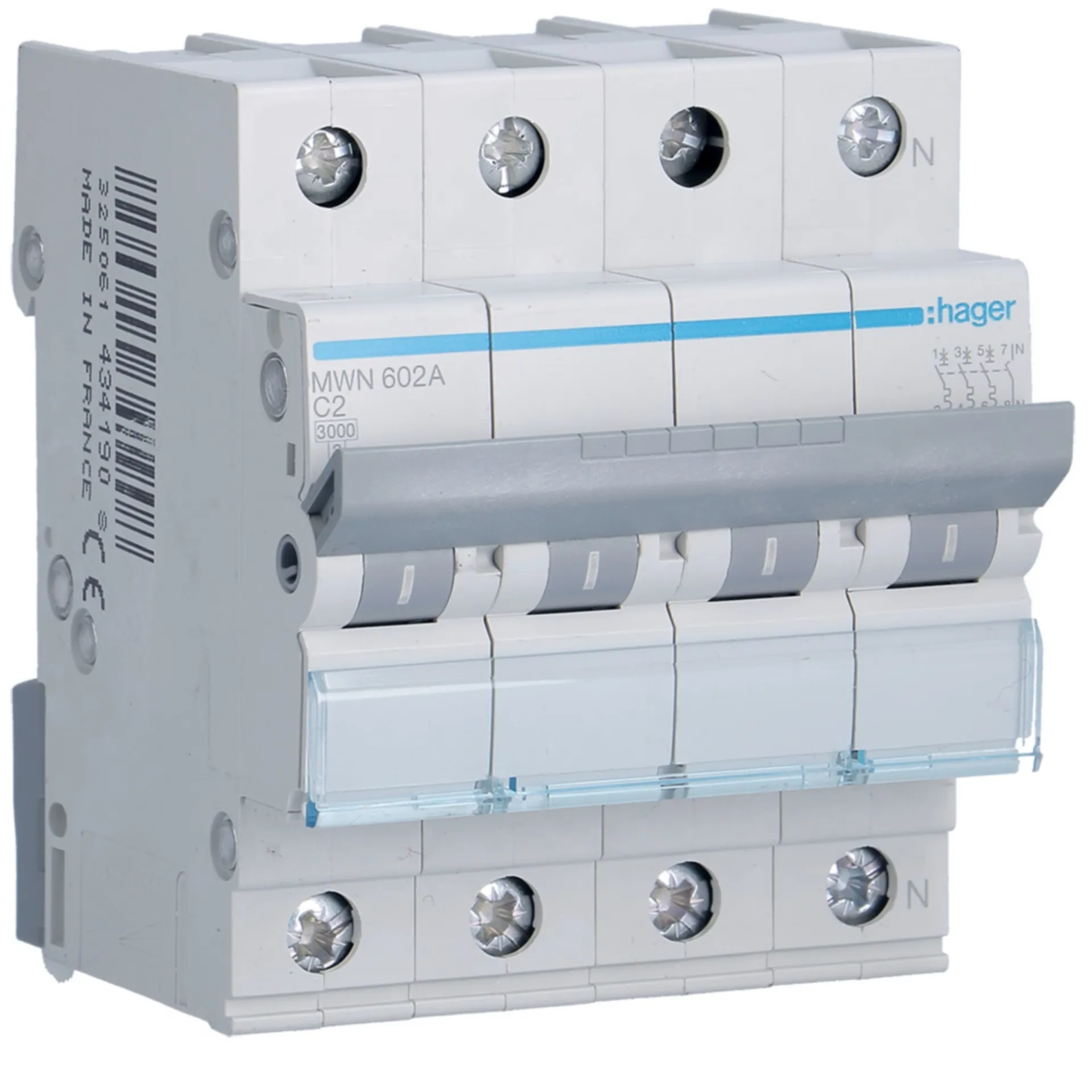 Disjoncteur 3kA - C - 3P+N - 2A - 4M.