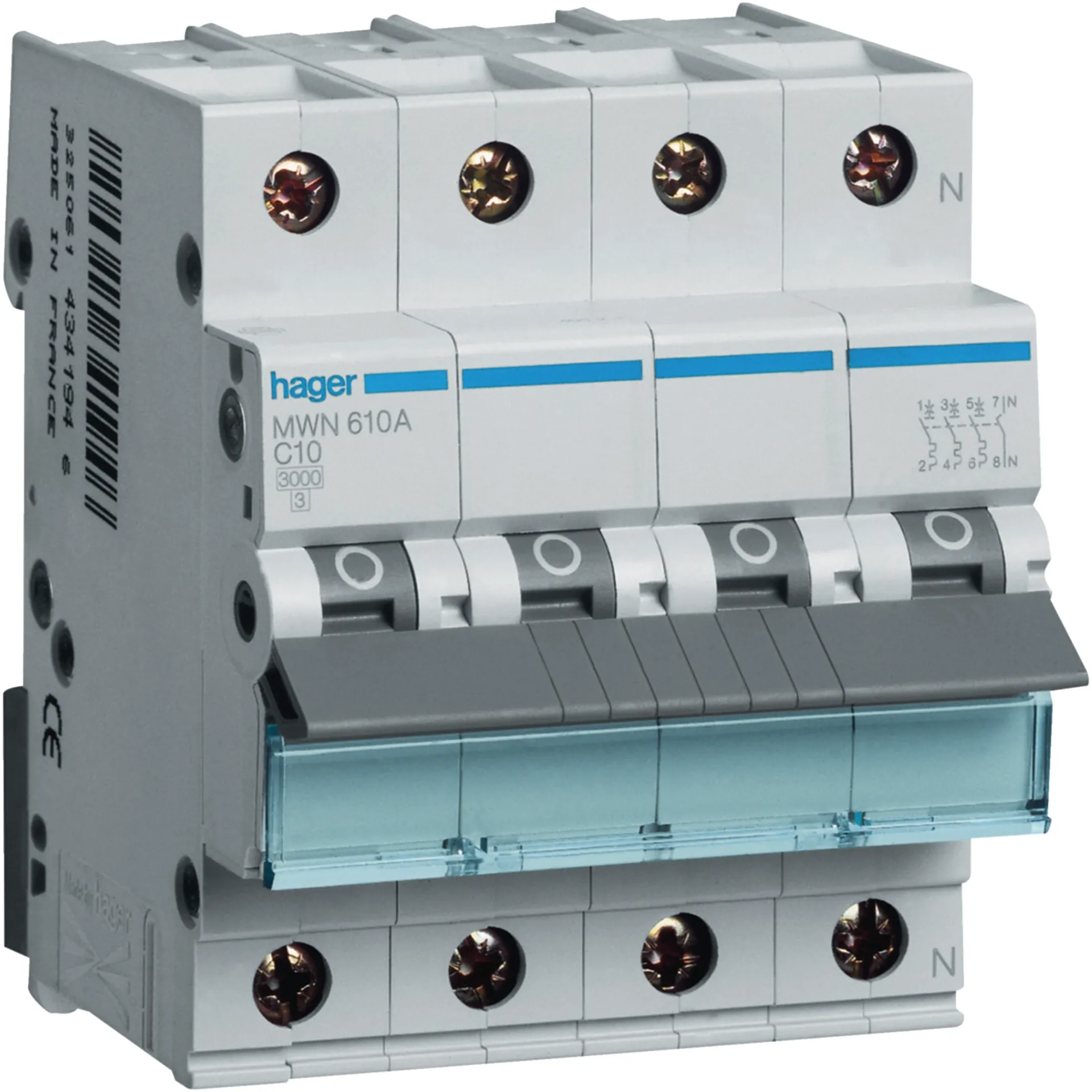 [HAMWN610A] Disjoncteur 3kA - C - 3P+N - 10A. - 4M.